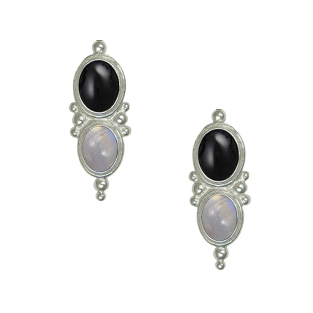 Sterling Silver Drop Dangle Earrings With Black Onyx And Rainbow Moonstone